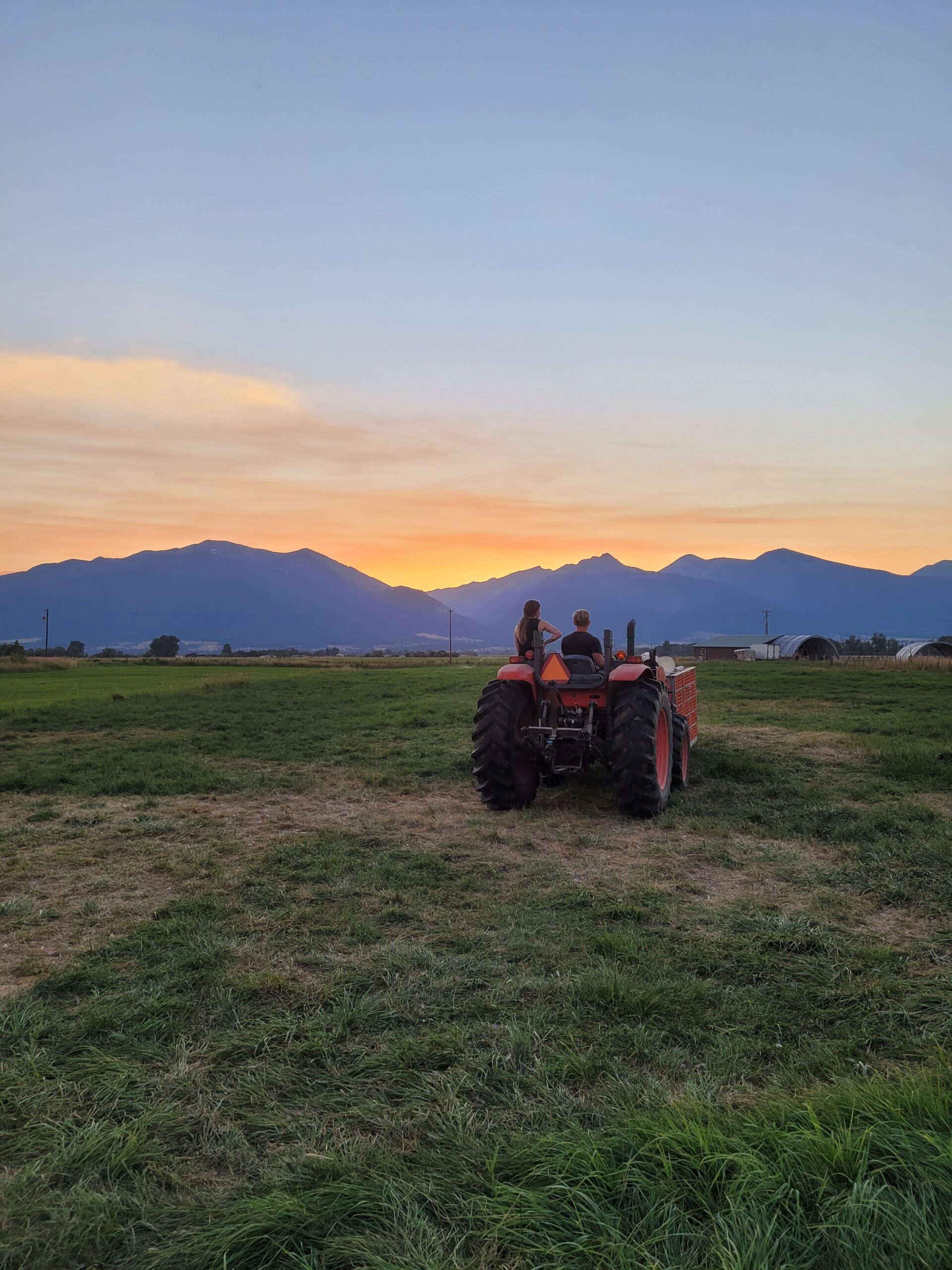 Beau+McLean+-+20220817_204115 Two people seated on a red tractor in a grassy field, overlooking a scenic sunset with mountains in the background. The image captures the essence of rural life and agriculture, highlighting the beauty of nature and farming activities.